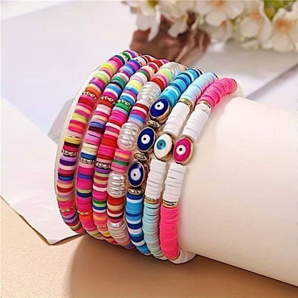 🌟Boho Colorful Clay Bead Evil Eye Bracelet Stack Y2K Heishi Disk Surfer Jewelry